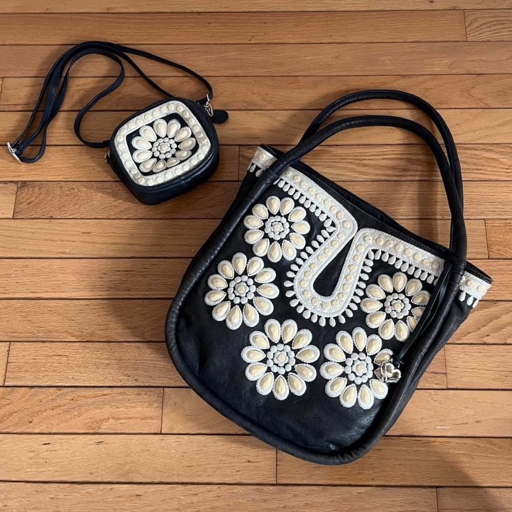 Black Floral Appliqué Tote & Crossbody Set
